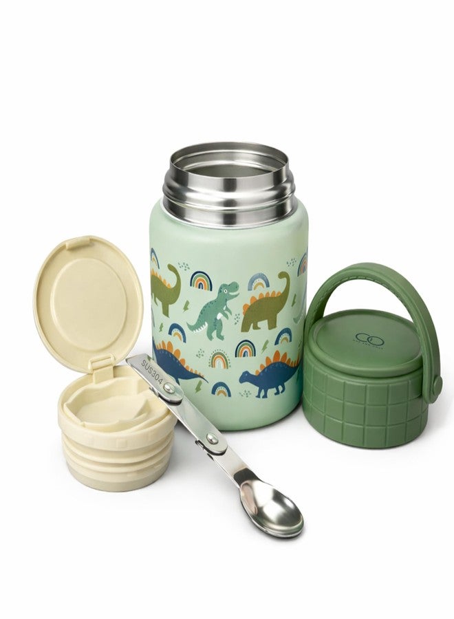 ONE AND ONLY مرطبان طعام فريد من نوعه مصنوع من الفولاذ المقاوم للصدأ، سعة 450 مل، معزول بتفريغ الهواء، ذو فوهة واسعة، مزود بغطاء محكم الإغلاق مانع للتسرب، وملعقة قابلة للطي مخفية، ومقبض من السيليكون، وقاعدة مانعة للانزلاق، بتصميم ديناصور أخضر. - Image 1